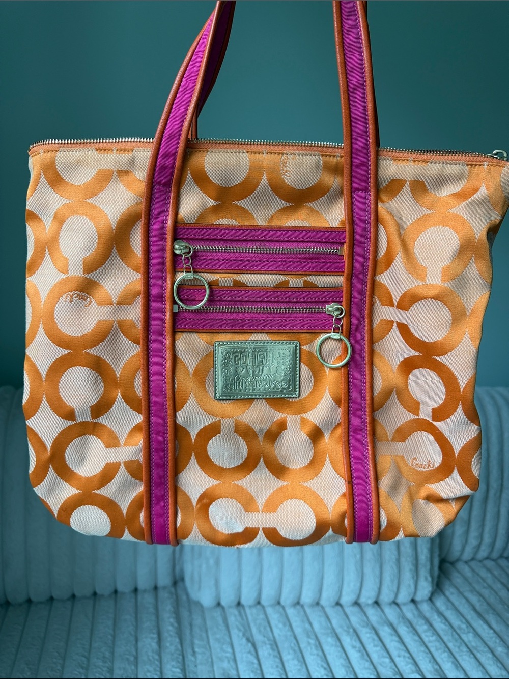 Coach Poppy Orange & Pink Signature Ring-Print Tote